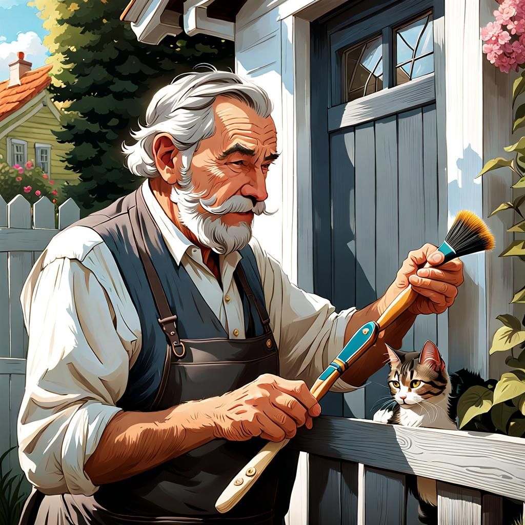 Cozy Home Scene with Painter and Cat