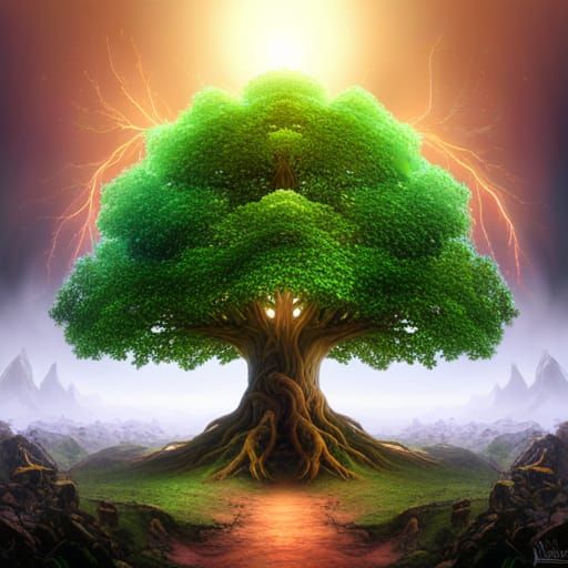 Mystical Tree with Vibrant Light Bursts