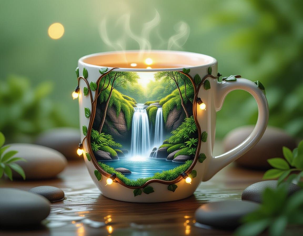 Whimsical Mug Waterfall with Lush Greenery