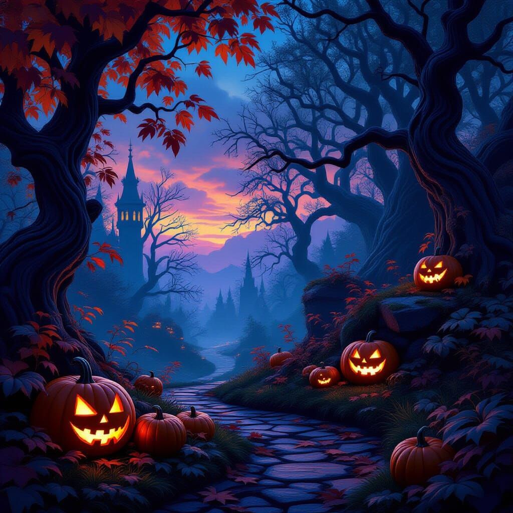 Magical Autumn Twilight: Glowing Pumpkins & Spectral Trees