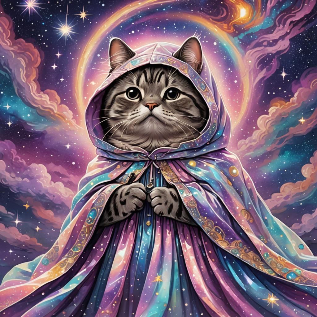 Pusheen in Galaxy Gown: Psychedelic Illustration