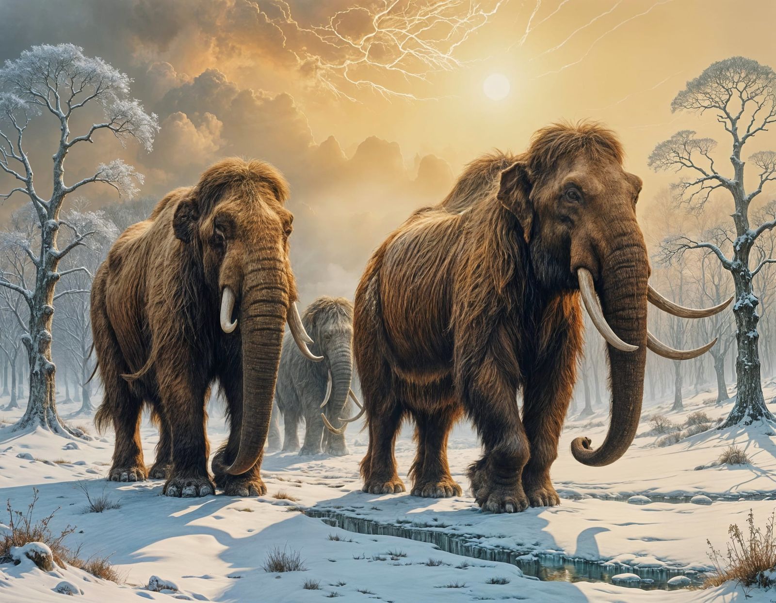 Mammoths in Winter Landscape as Watercolor Painting