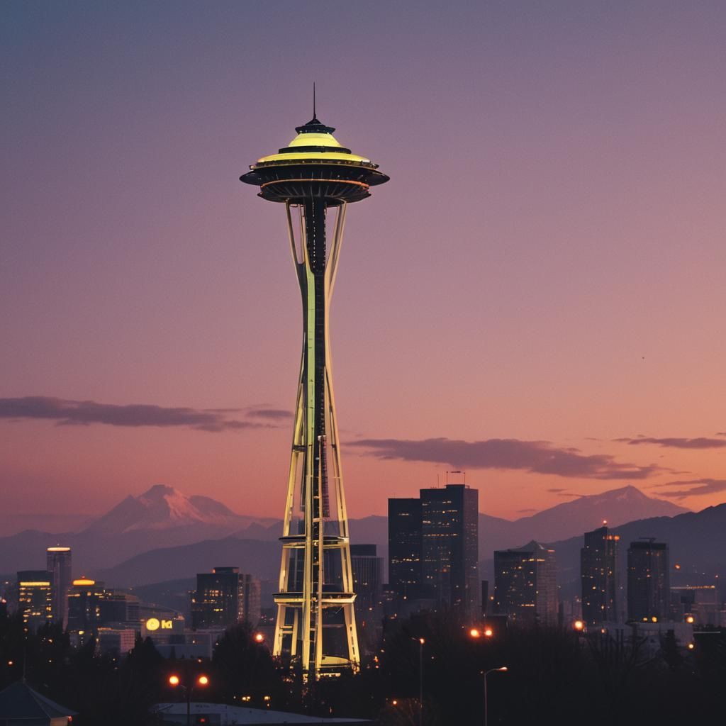 Space Needle Vinyl Record in Retro-Futurism Style