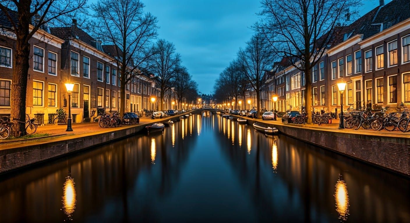Golden Evening in Leiden's Historic Canal, Netherlands
