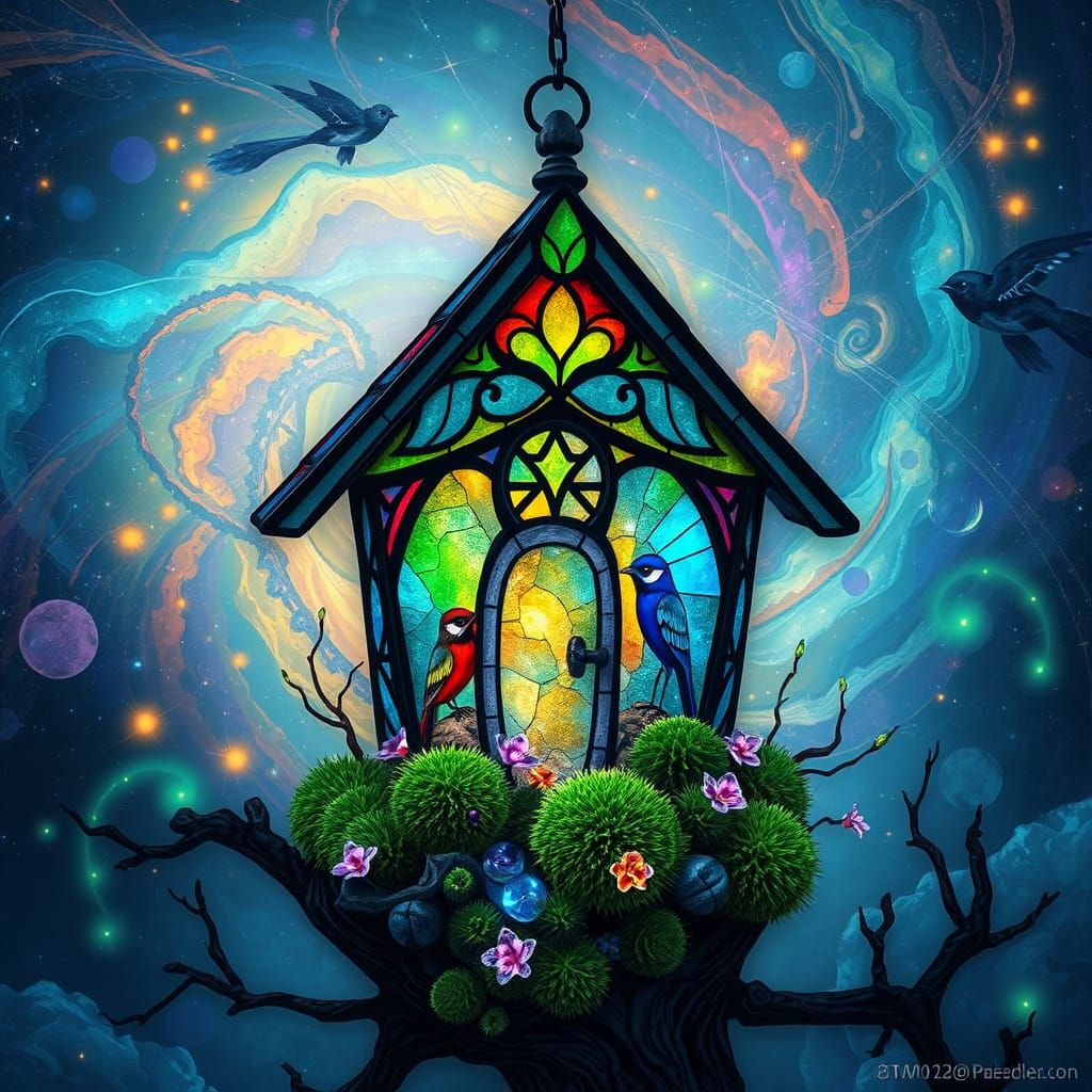 Stained Glass Birdhouse in Swirling Nebula, Surreal Bio-Art