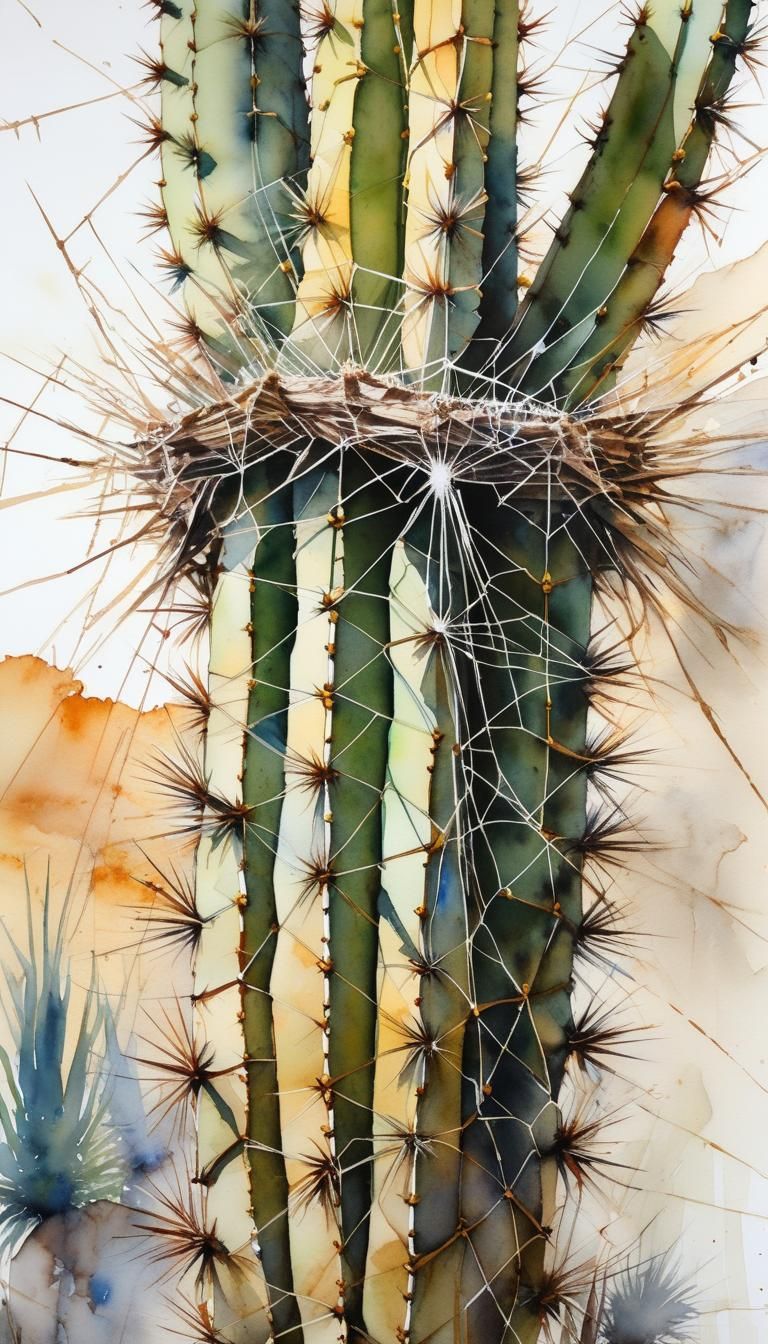 Watercolor Saguaro Cactus with Spiderweb