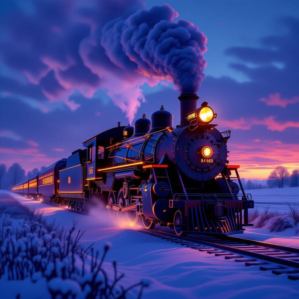 Christmas Steam Train at Sundown in Snowy Landscape