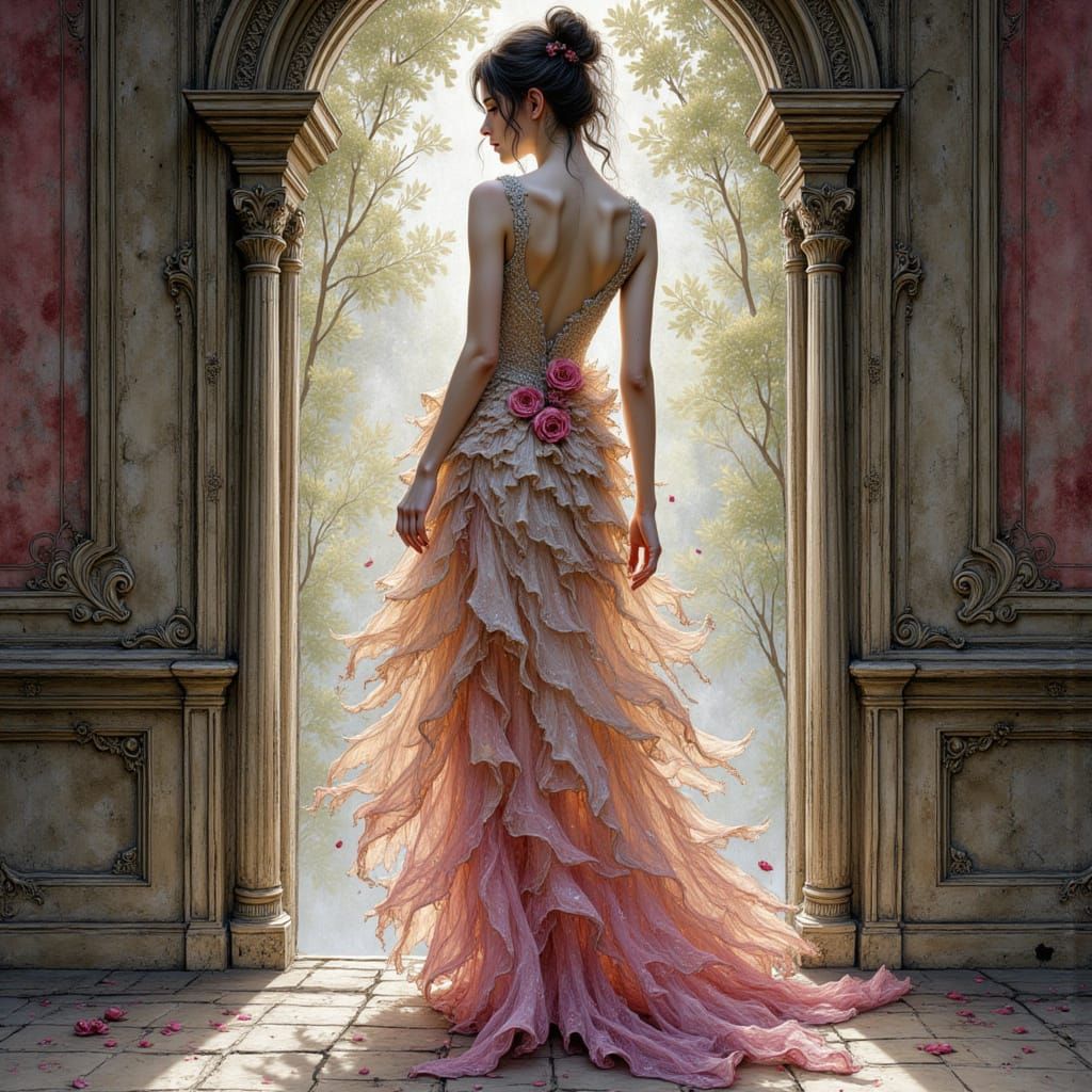 Ethereal Figure in Rose Petal Gown in Moonlit Ballroom
