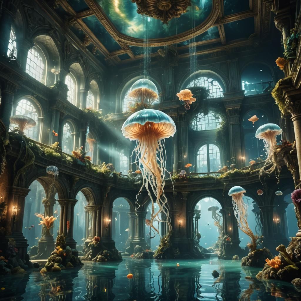 Hyperrealistic Mermaids in Underwater Palace Grand Hall