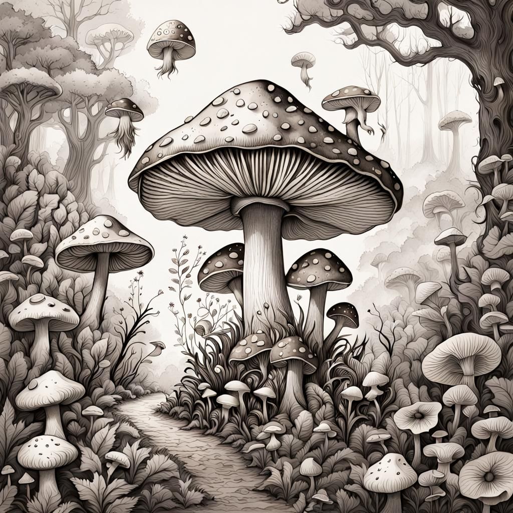 Botanical Ink Drawing of mushrooms