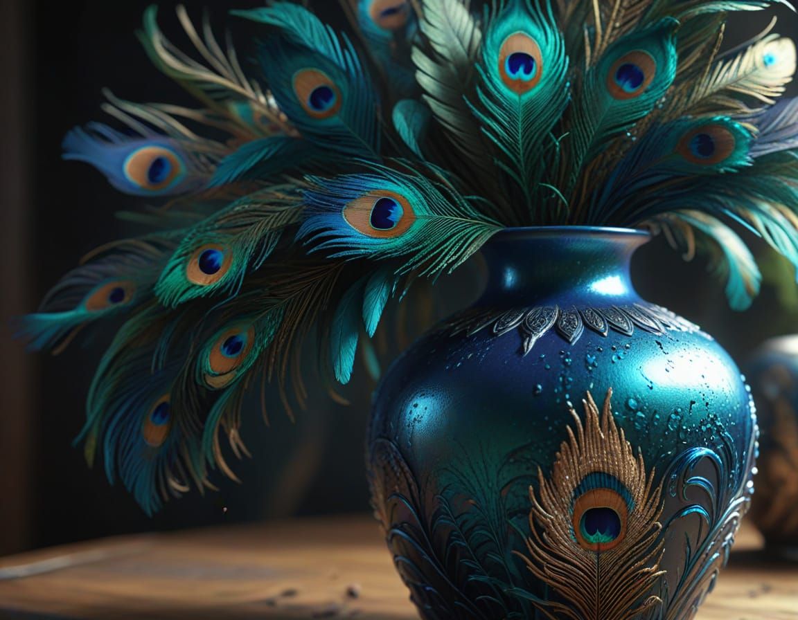 Peacock Feathers in Vase: Detailed Matte Painting