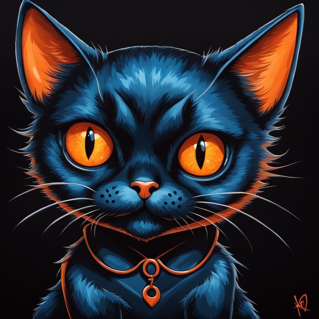 Blue Metal Cat Drawing in Gothic Style