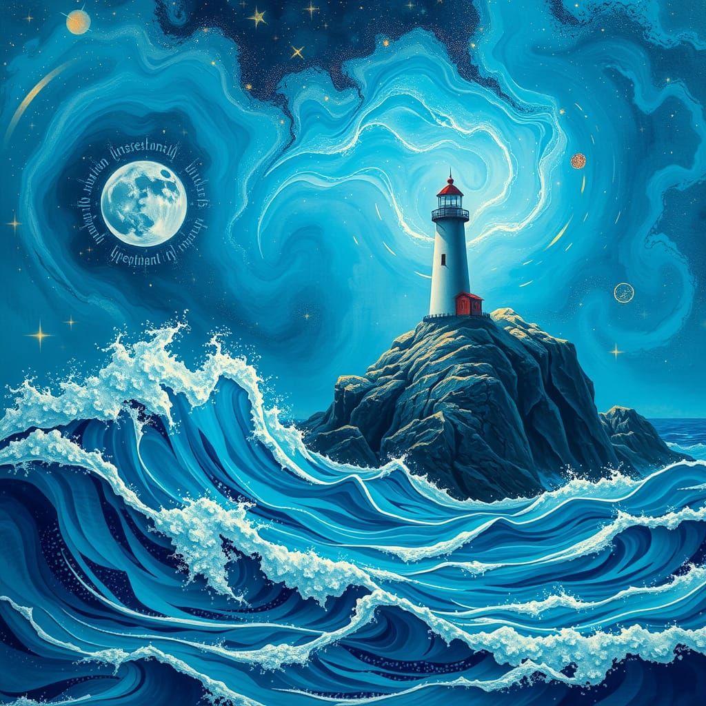 Lighthouse Amidst Cosmic Ocean Waves in Astral Art Style