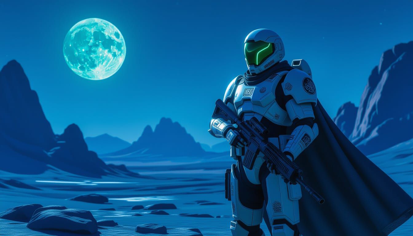 Futuristic Muslim Space Marine on Alien Planet