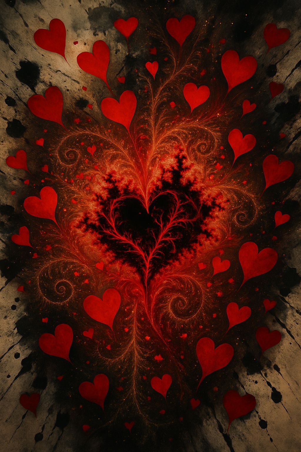 Majestic Fractal Heart with Red Blood Flow and Gold Sparks