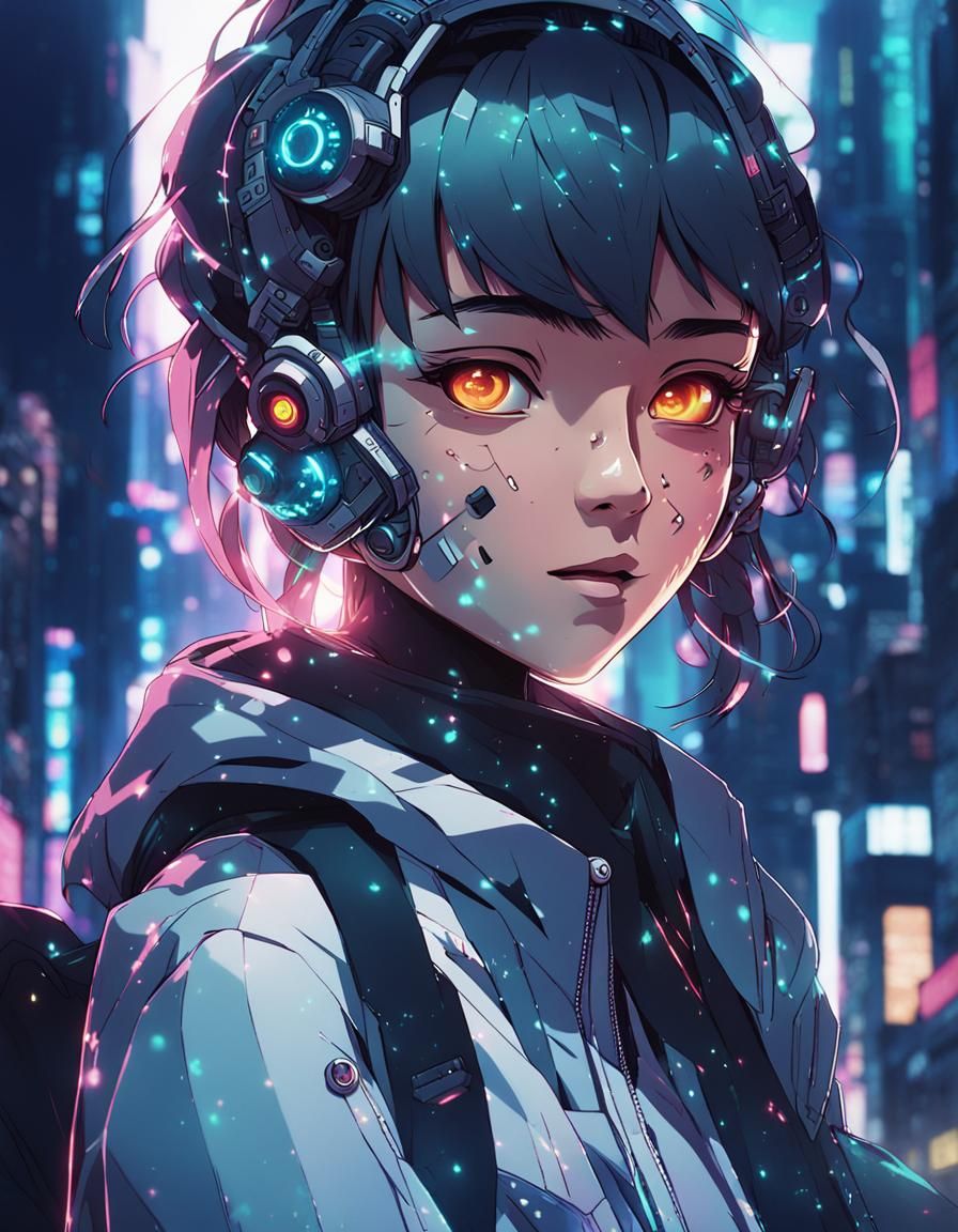 Cyberpunk Girl with Glowing Eyes in Anime Style