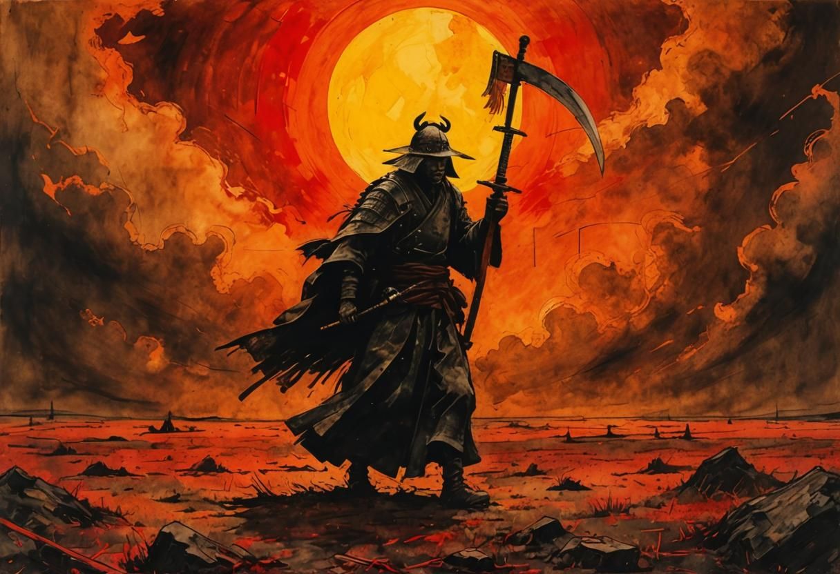 Samurai Warrior in Barren Field: Expressionist Ink Wash