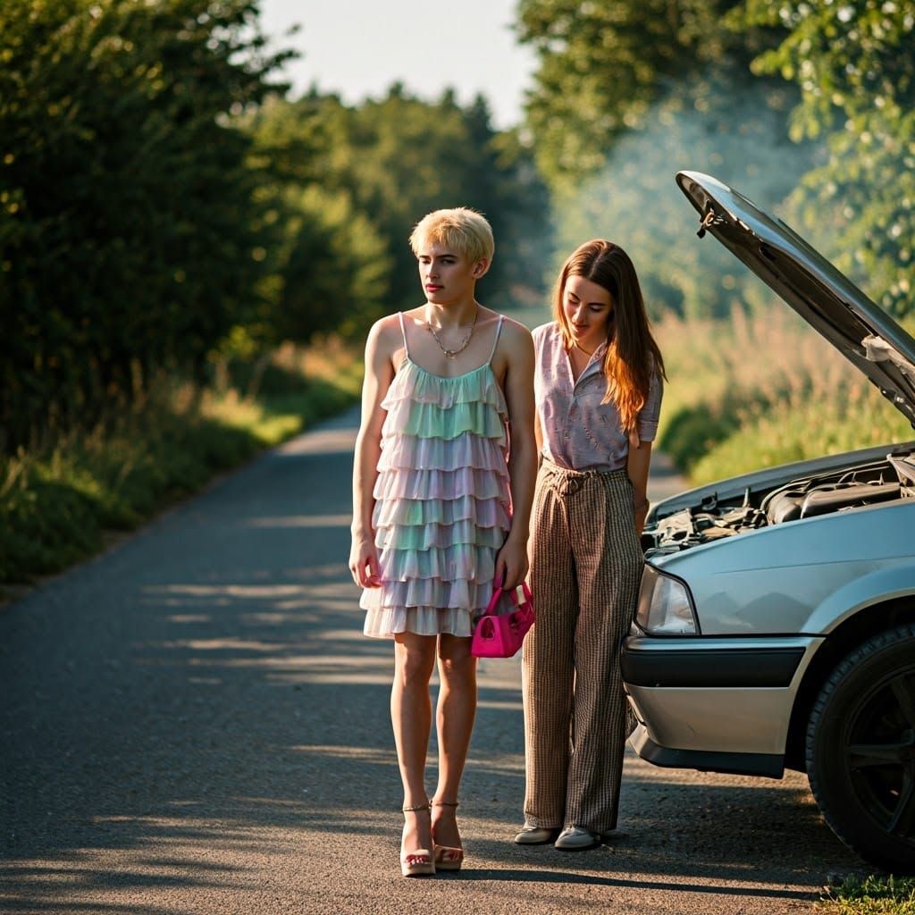 Androgynous Youth in Pastel Frilly Dress Beside a Car in Cou...