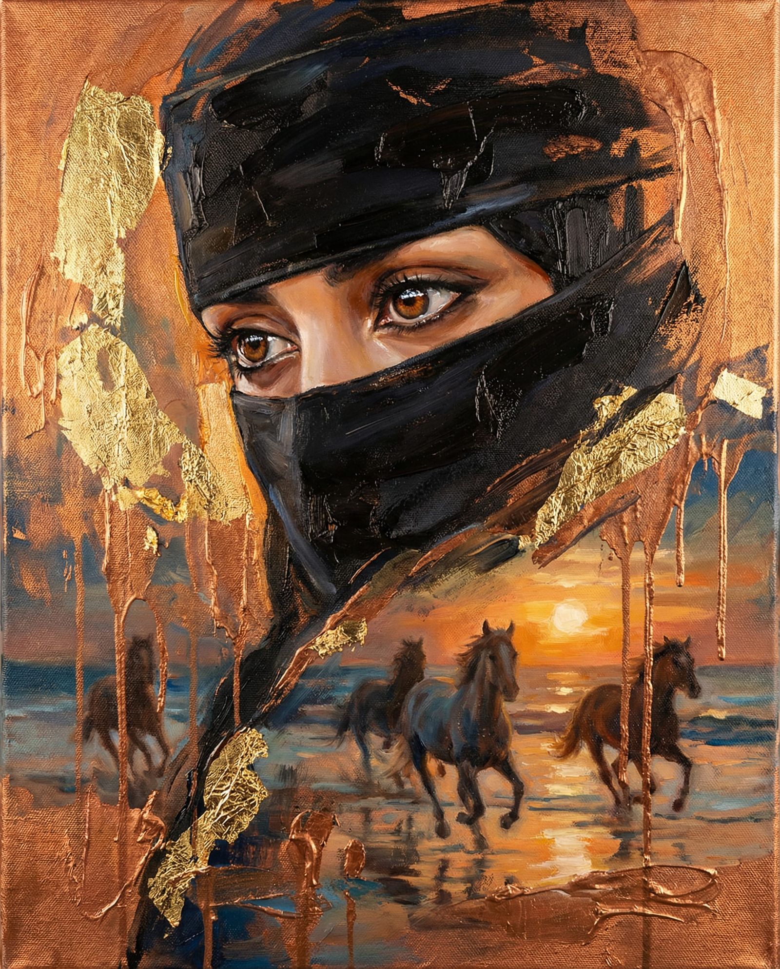 Veiled Woman's Gaze Meets Wild Horses in Sunset