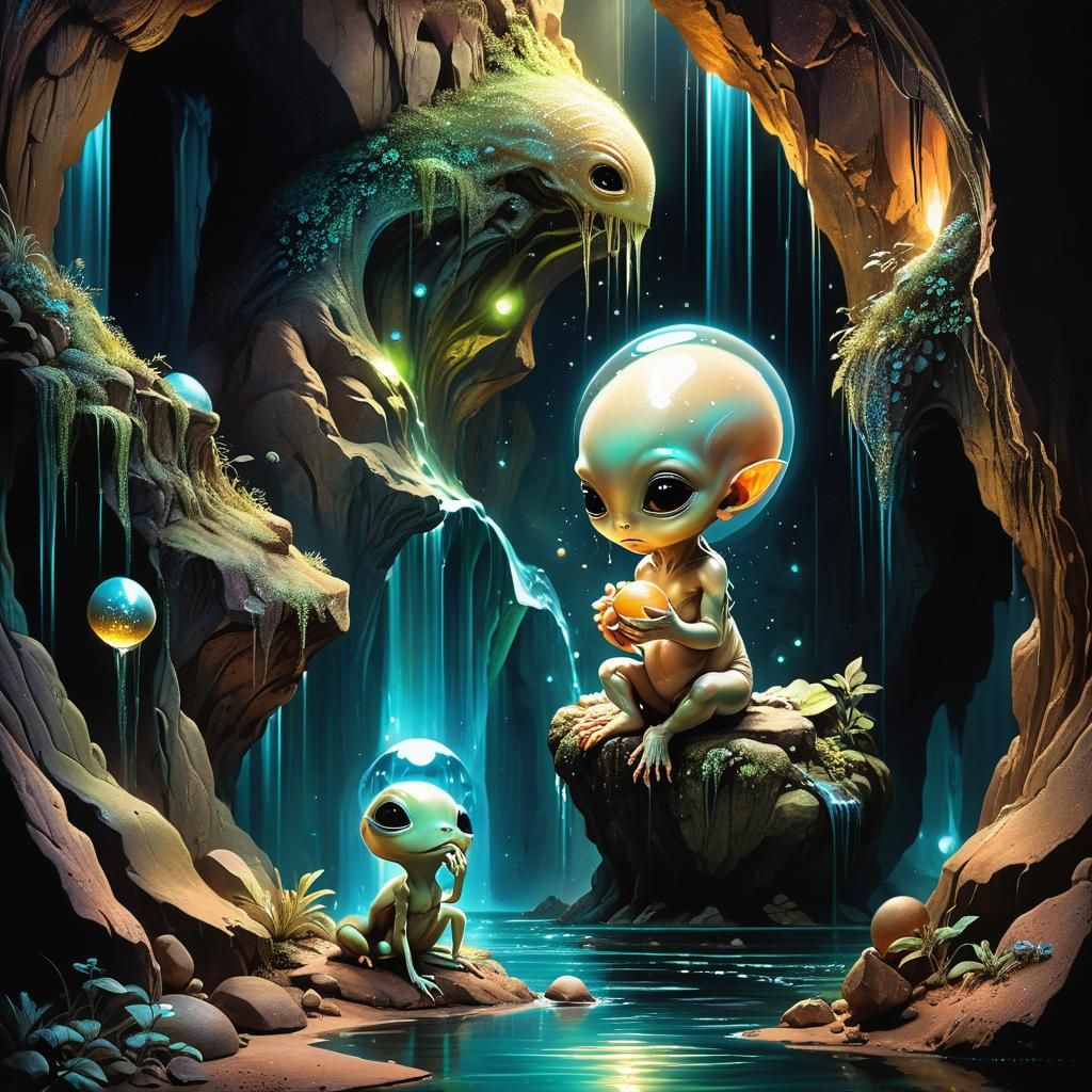 Baby Alien Waterfall Scene in Surreal Style