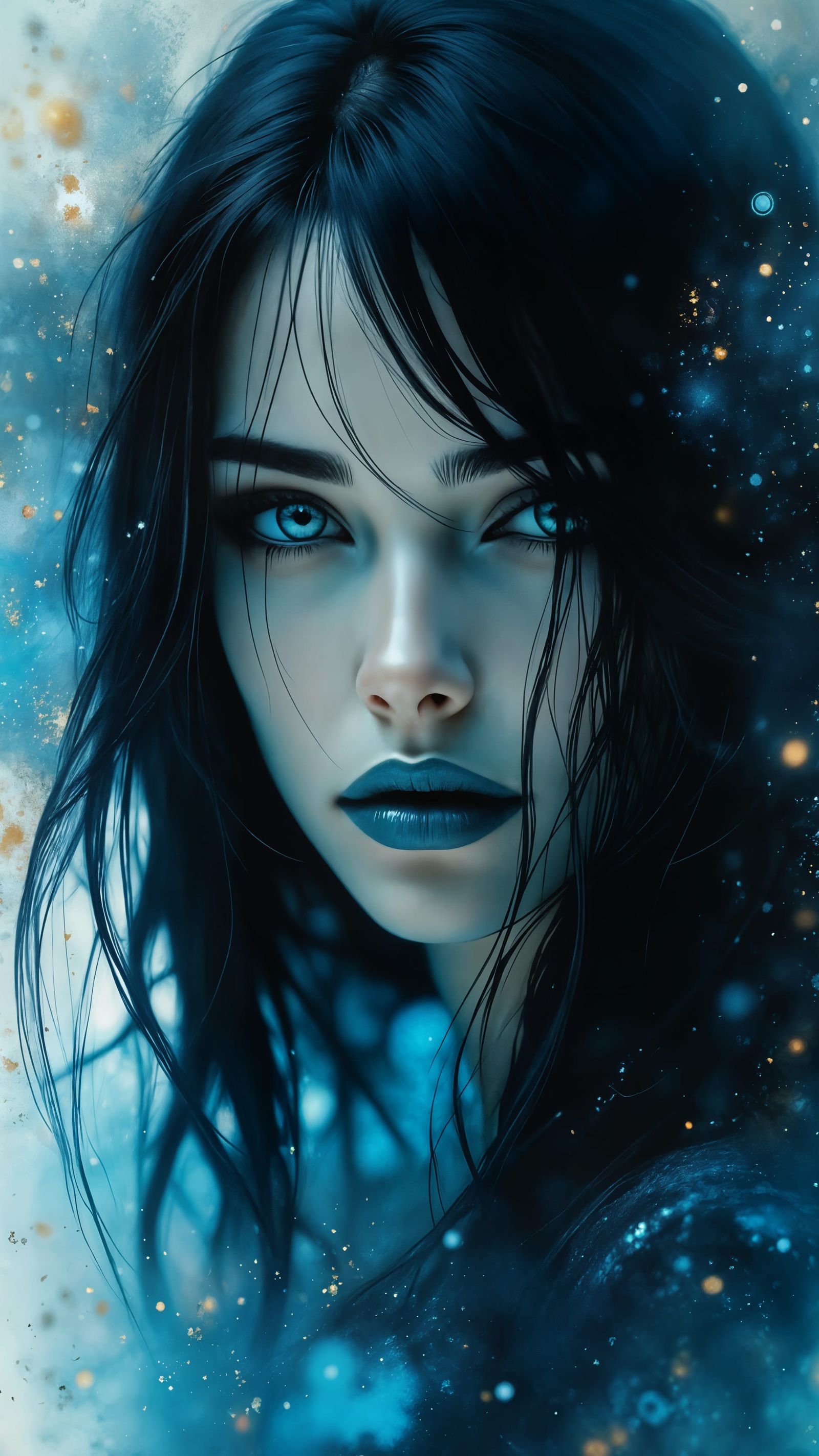 Ethereal Portrait of a Black-Haired Woman in Muted Watercolo...