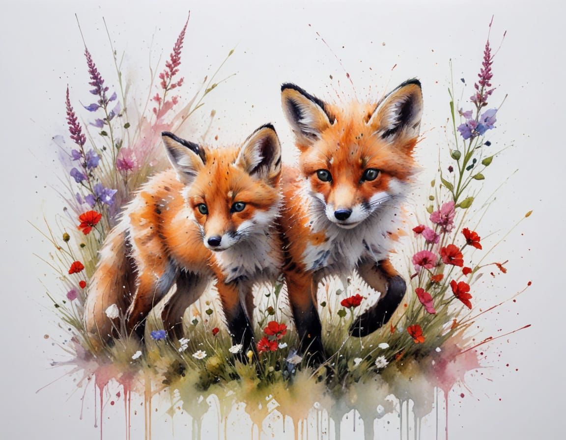 Fox Cub Sniffing Wildflower in Expressive Watercolour Style