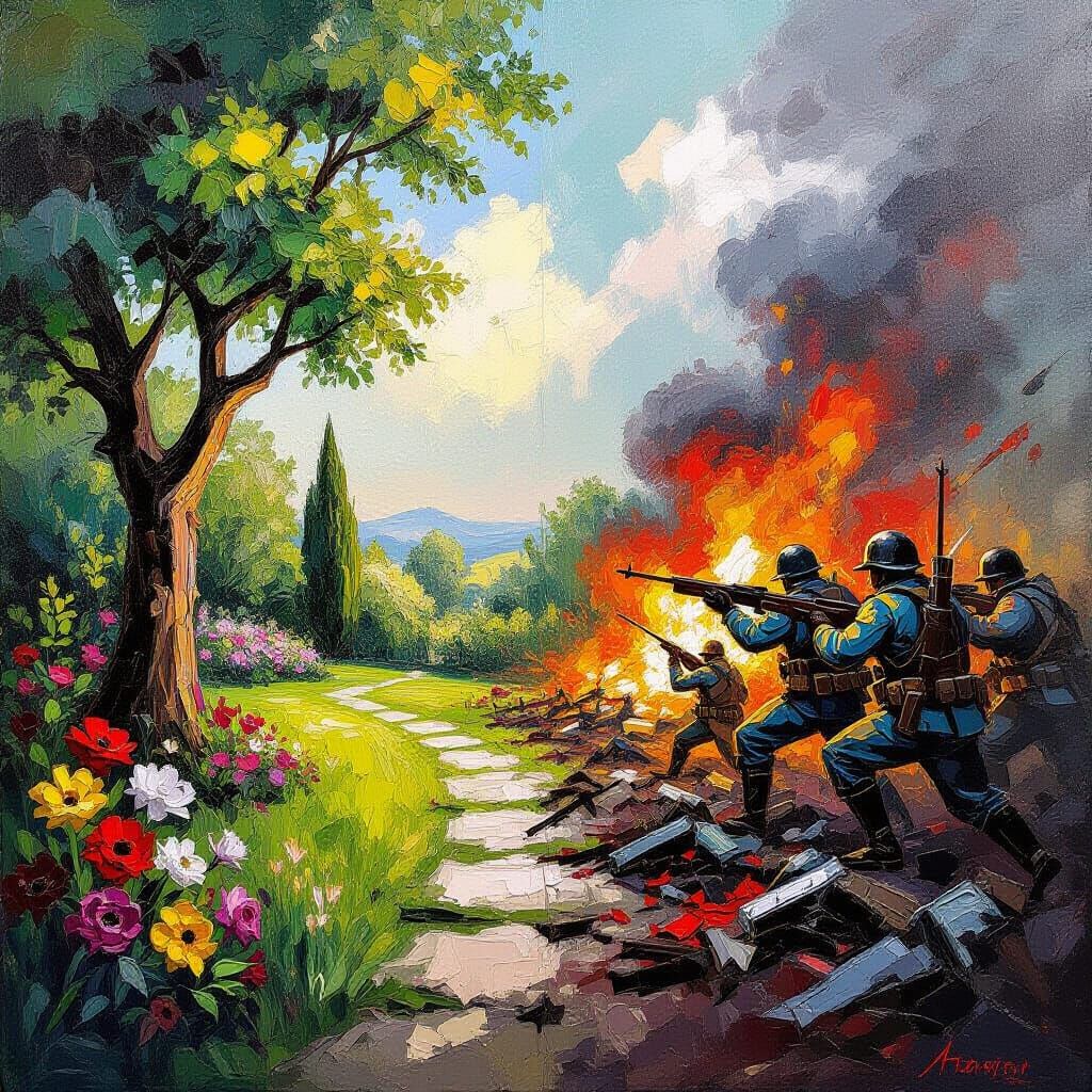 Contrasting Garden and Battlefield Impasto Painting