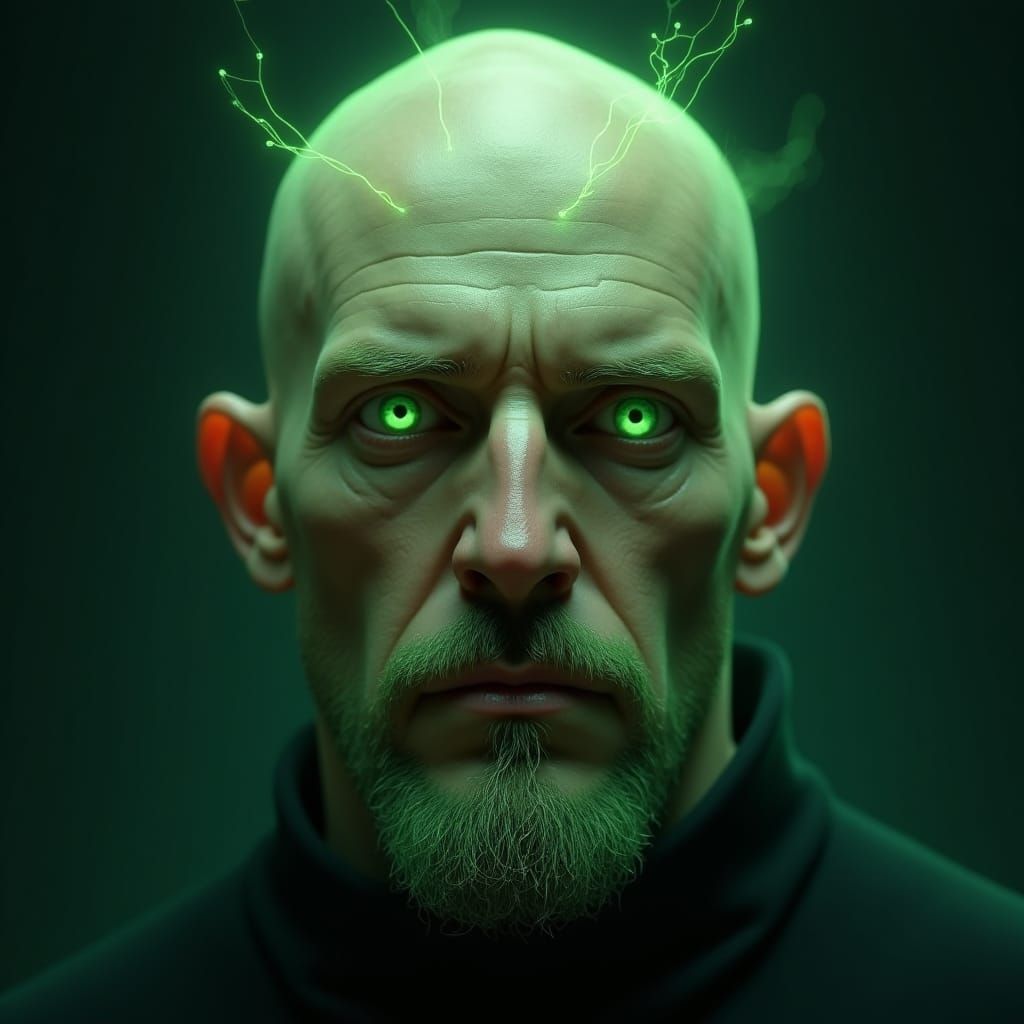 Eerie Green Scientist in Dark Surrealism Style