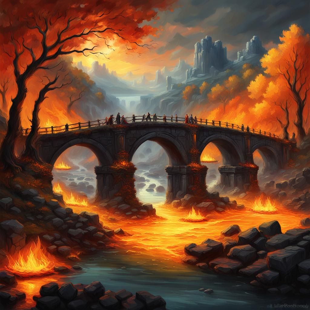 Fiery River Bridge Between Worlds: Digital Art