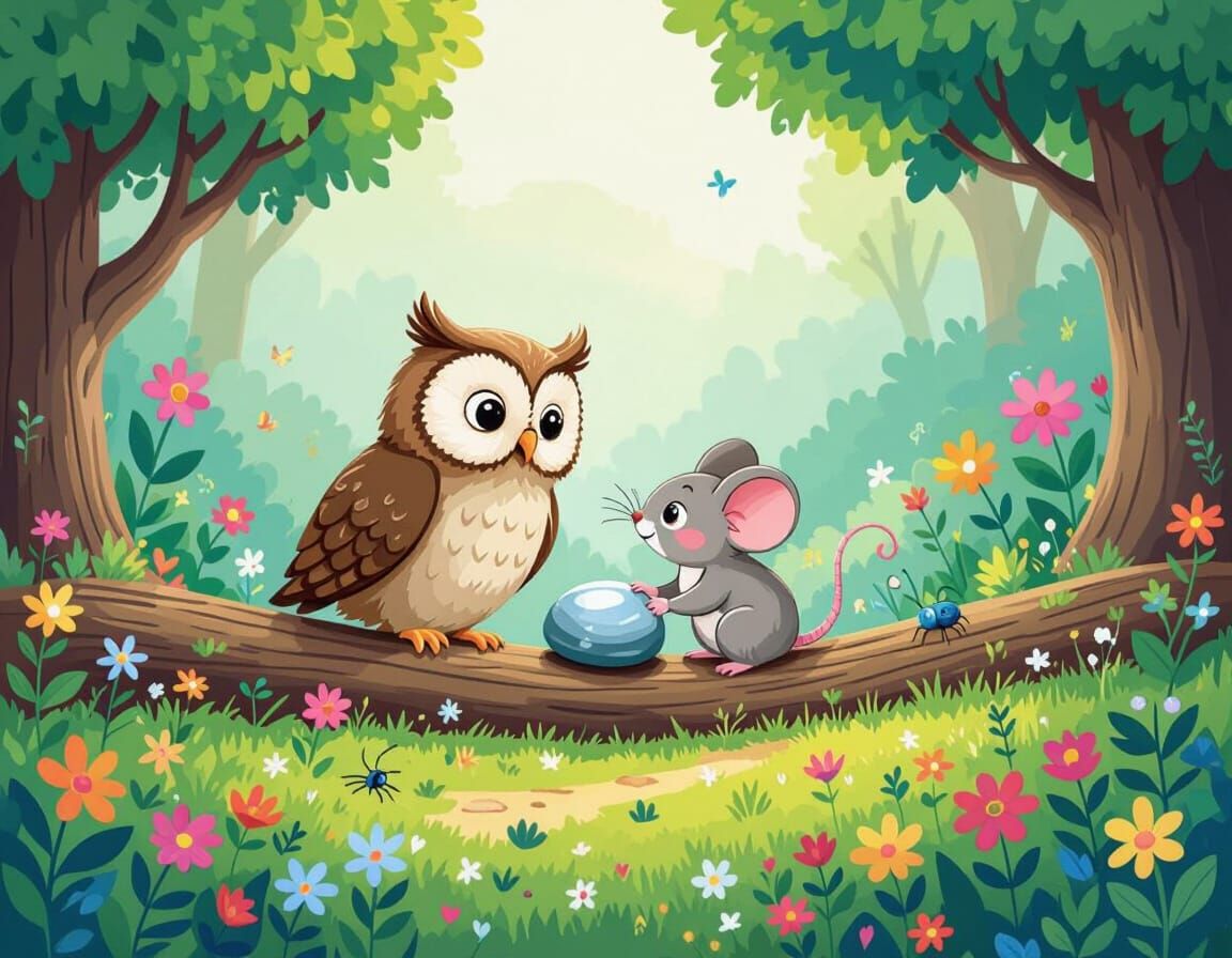 Owl and Mouse Rolling Stone: Cartoon Illustration