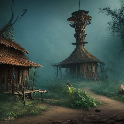 Creepy Jungle Ghost Town: Detailed Matte Painting