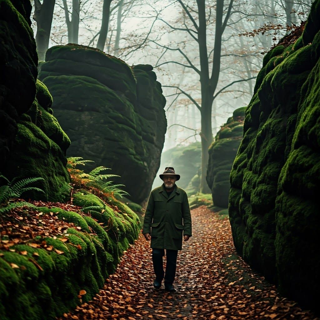 Italian Man Walks in Autumn Beech Forest