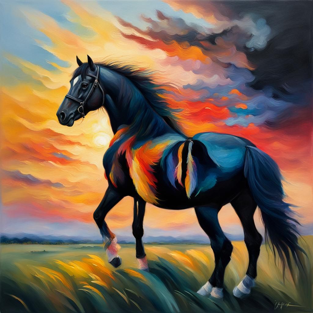 Colorful Bird on Horse: Vibrant Oil Painting