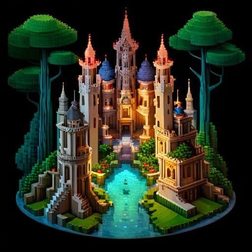 Minecraft Fairy Castle in Enchanted Forest, Pixel Art