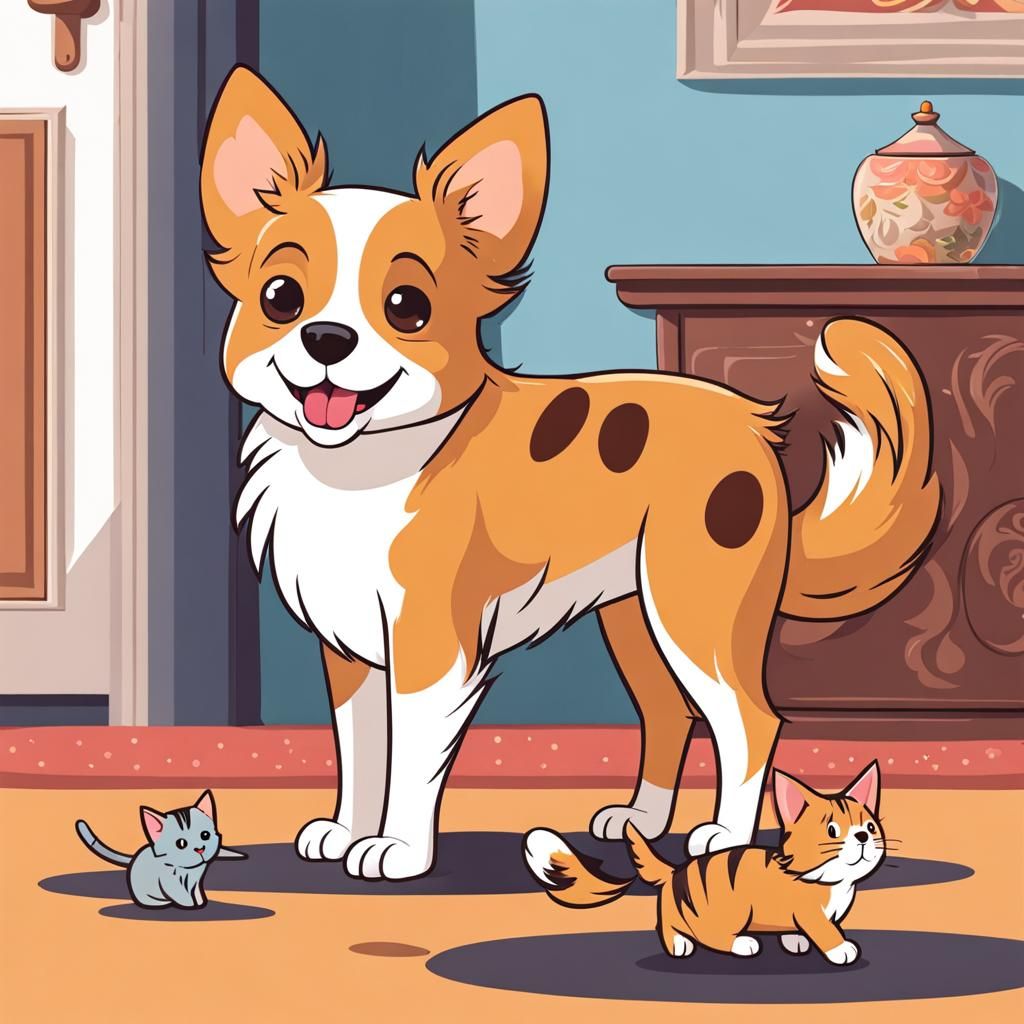 Cartoon Dog Covers Cat's Eyes in Decorated Room