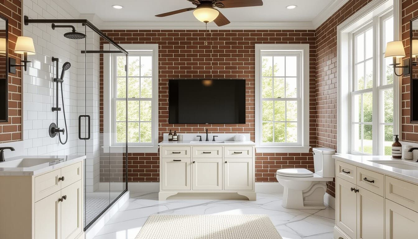 Vibrant Victorian Bathroom with Exposed Brick and Marble