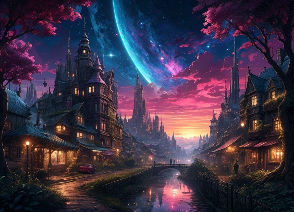 Magical Galactic Cityscape in Comic Book Style