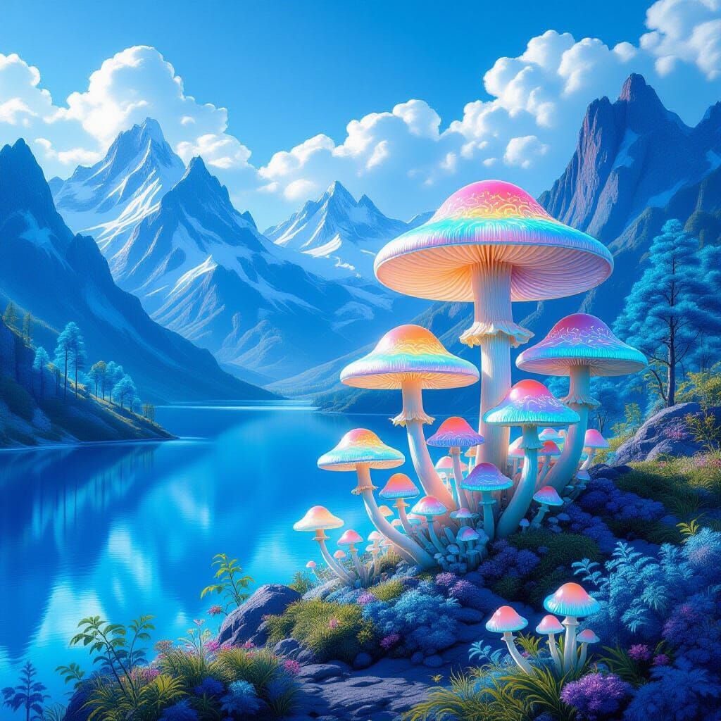 Surreal Bioluminescent Mushrooms Under Blue Mountains