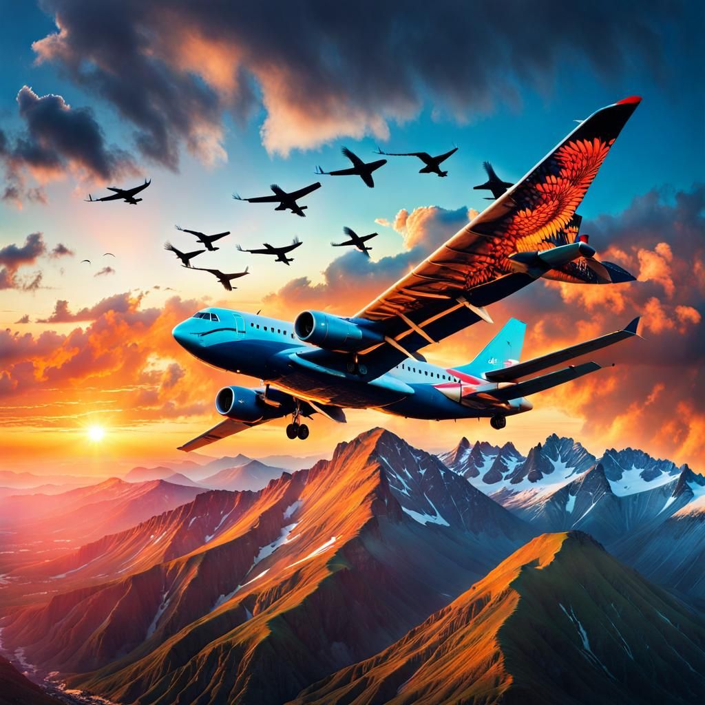 Airplane and Birds Fly Over Volcano at Sunset
