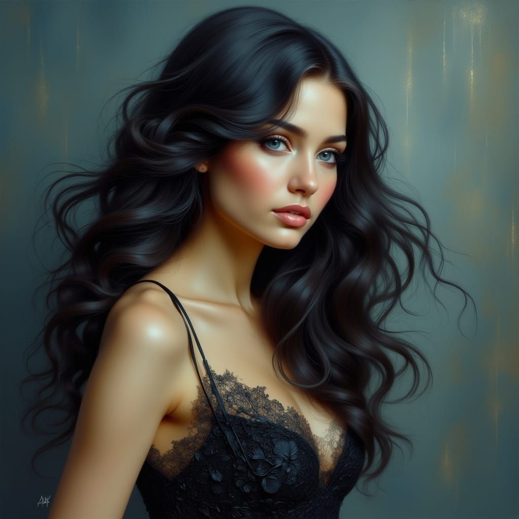 Elegant Woman in Black Lace Dress