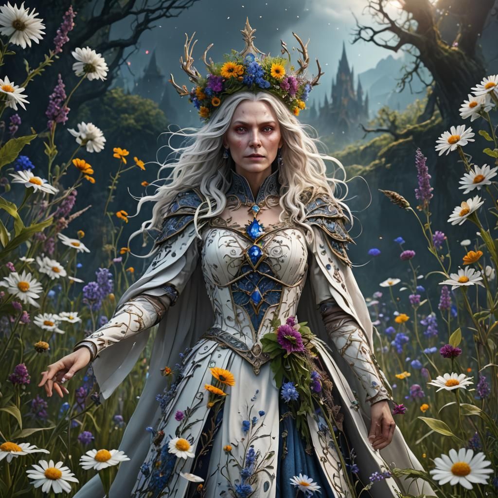 White Witch in Wildflower Dress: Fantasy Art