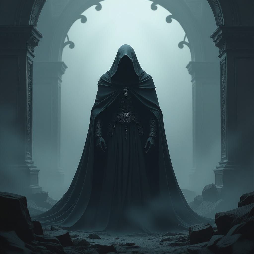 Dark Figure in Shadowy Realm, Beksiński & Giger Inspired