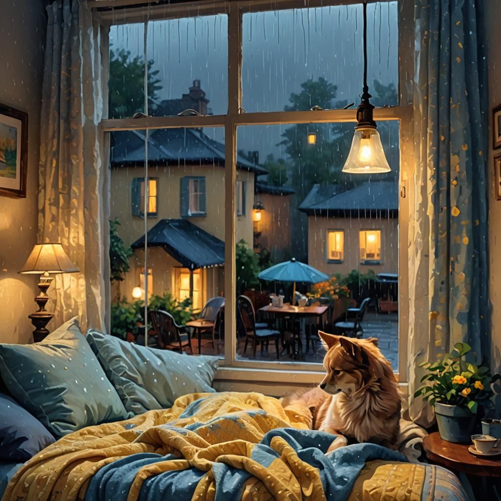 Cozy Rainy Night Impressionist Digital Art