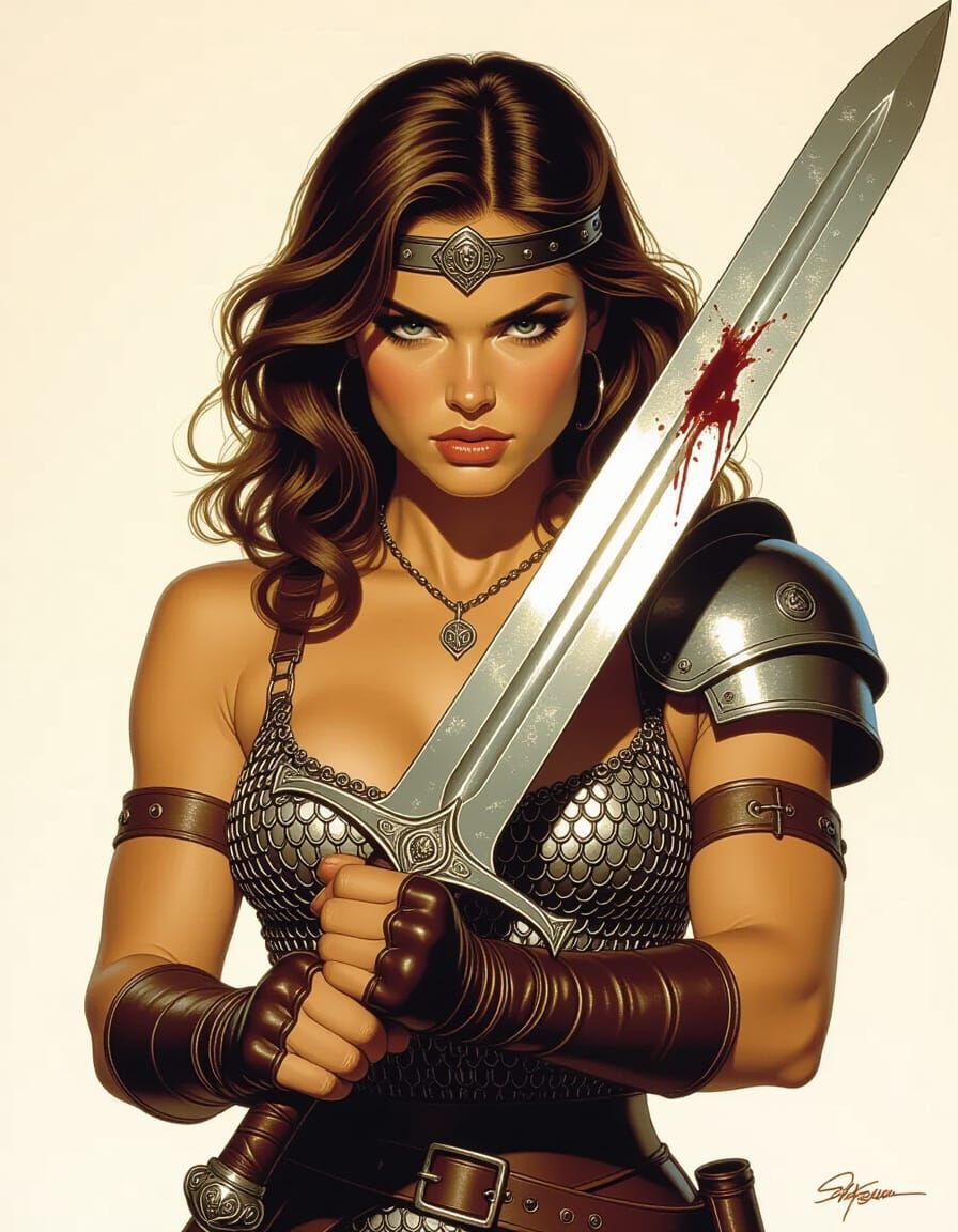 Fierce Woman Warrior with Bloody Sword
