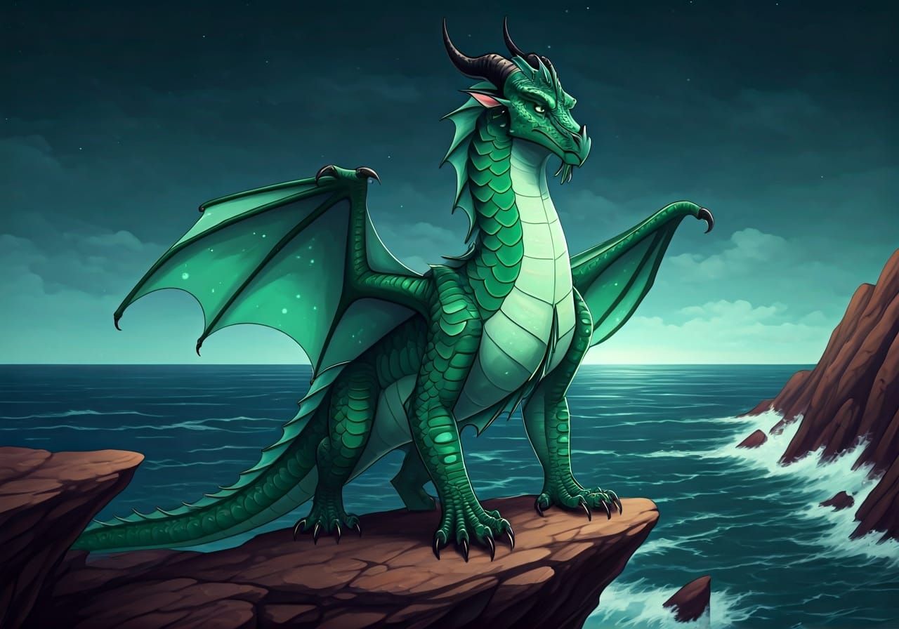 Luminescent Seawing Dragon on Rocky Cliff
