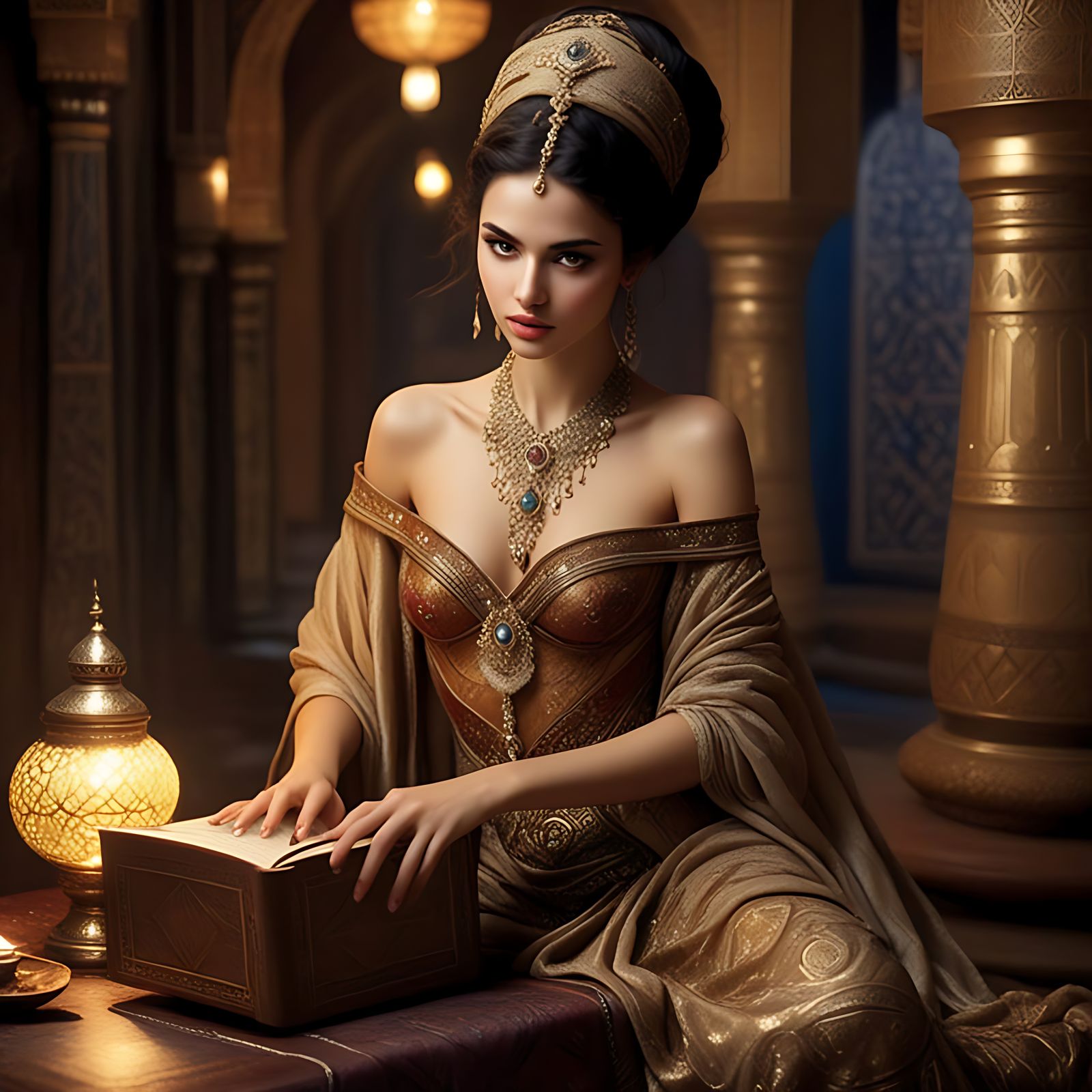 Elegant Scheherazade in Opulent Middle Eastern Setting