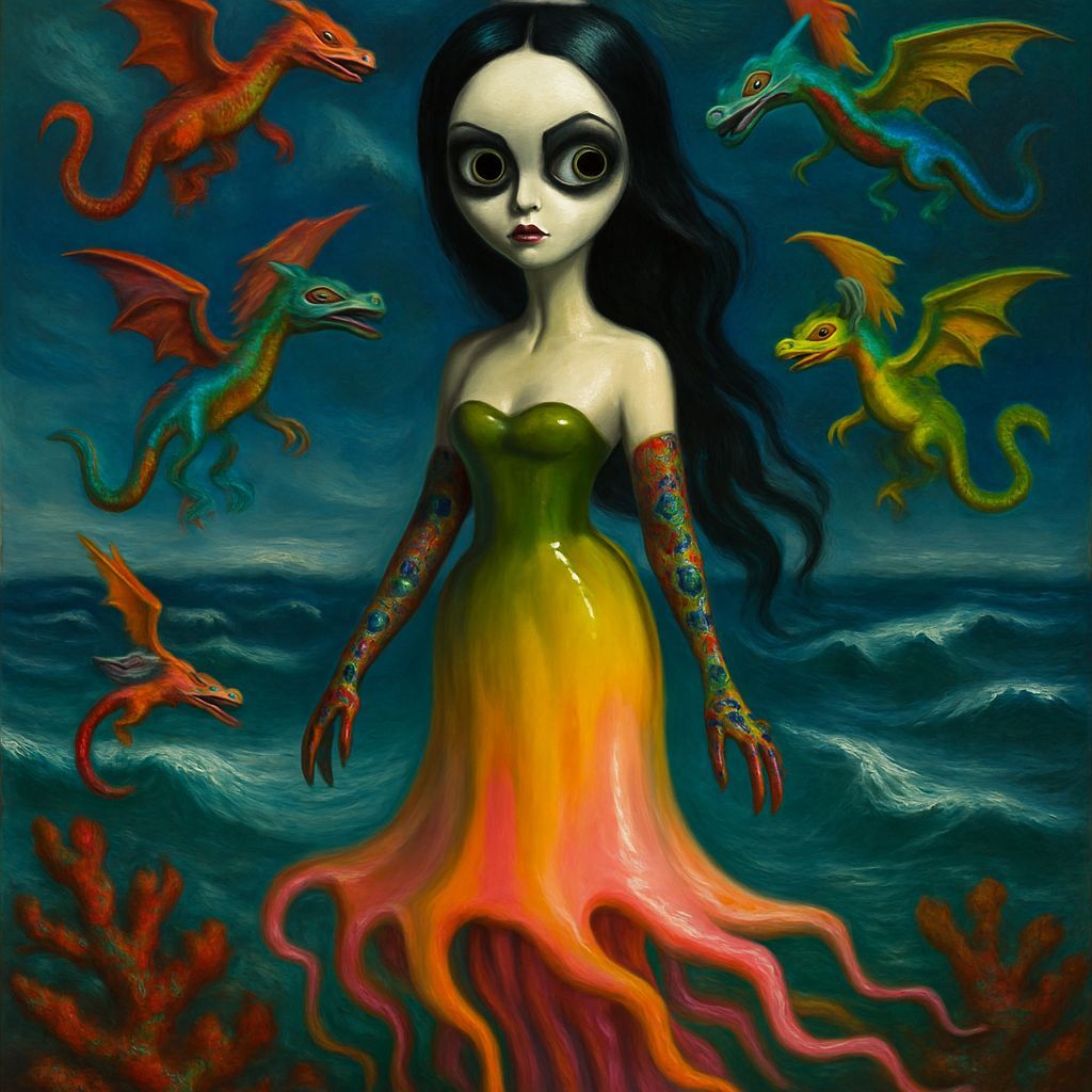 Gothic Princess on Coral Reef in Surreal Fantasy Style