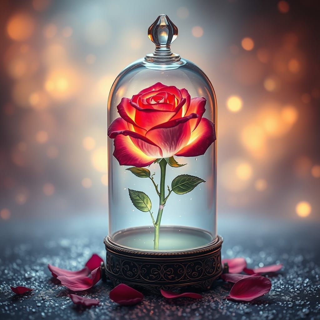 Glowing Rose in Enchanted Glass Vessel amidst Falling Petals
