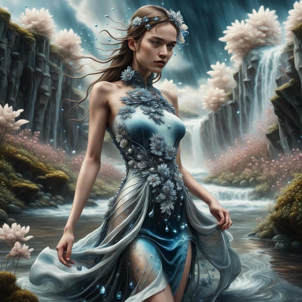 Humanoid in Silk Dress with Crystal Flowers
