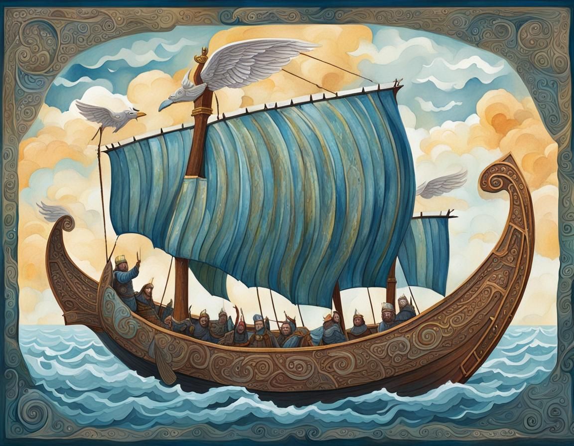 Winged Viking Longship: Gouache Painting